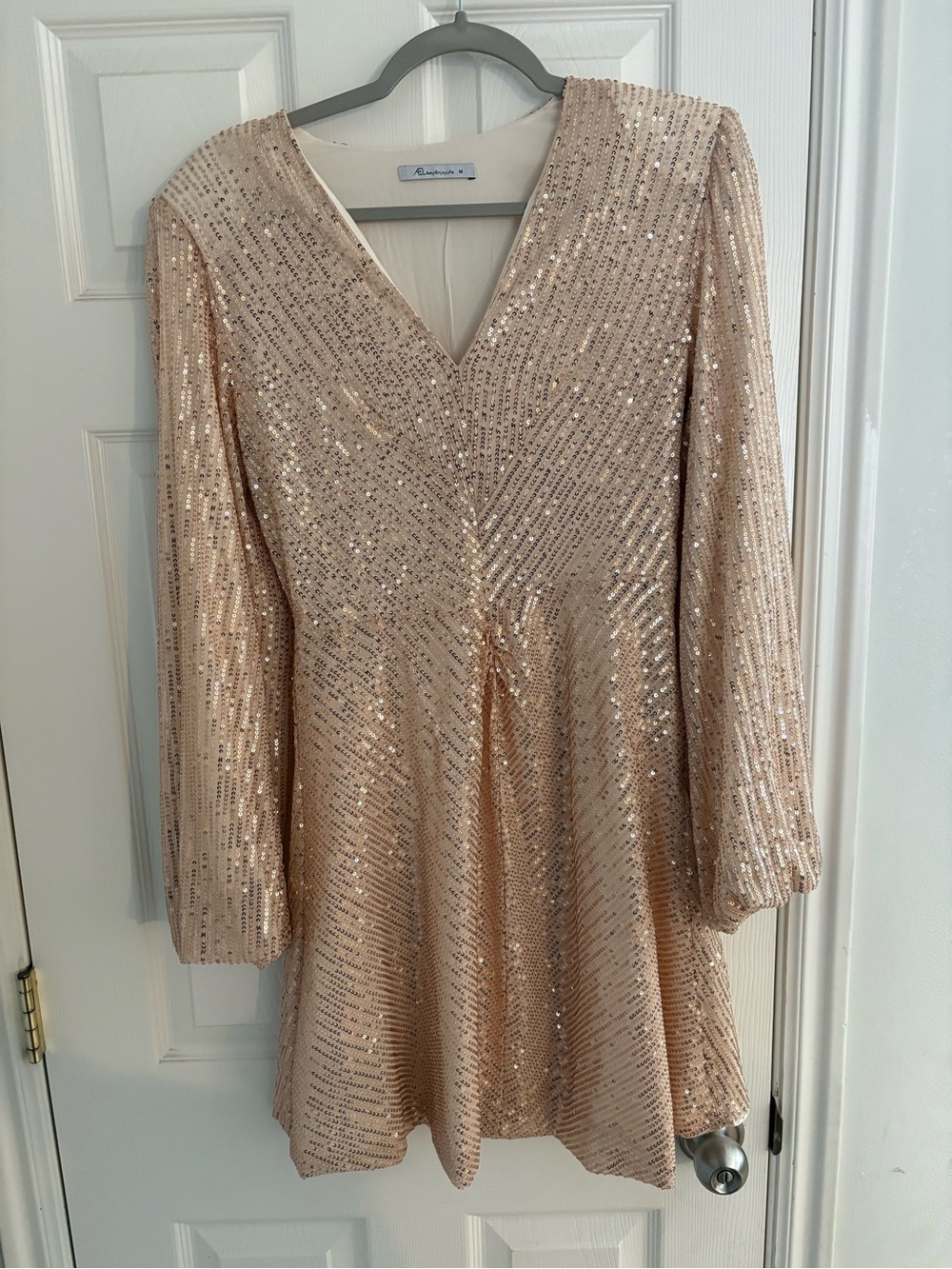 Sequin V-Neck Long Sleeve Mini Dress in Champagne